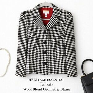 Talbots Petite Tailored Wool Blend Geometric Blazer Black White Size 2P